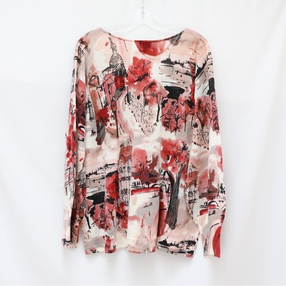 NWT Talbots Soft Merino V-neck Sweater Scenic Autumn City Square print warm 3X - Picture 4 of 10